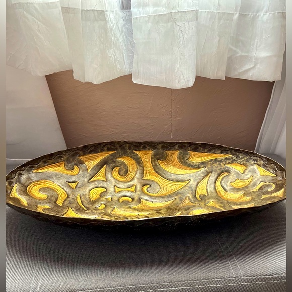 Artisan handmade gold tan brow metal swirls long bowl decor from Haiti - Picture 1 of 4